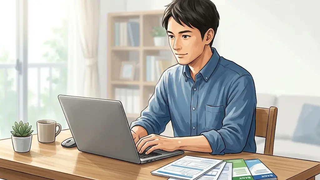 整頓された机でノートパソコンに向かい落ち着いて手続きを進める日本人男性