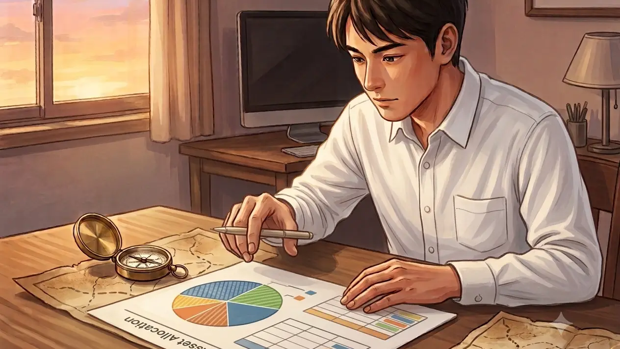 円グラフが描かれた資産配分の資料を机に広げて確認する男性のイラスト