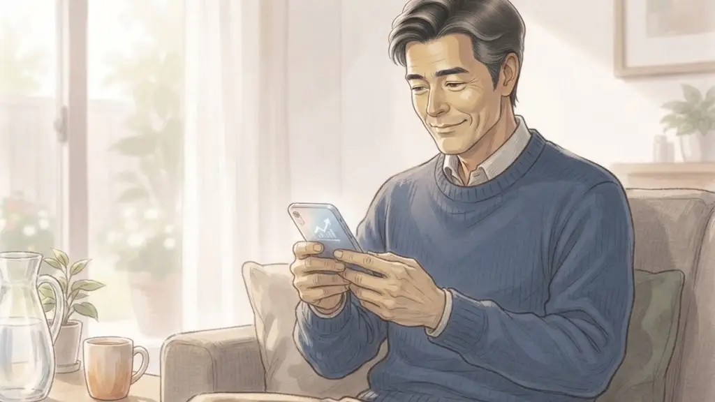 リラックスした空間でスマートフォンを見ながら優しく微笑む日本人男性