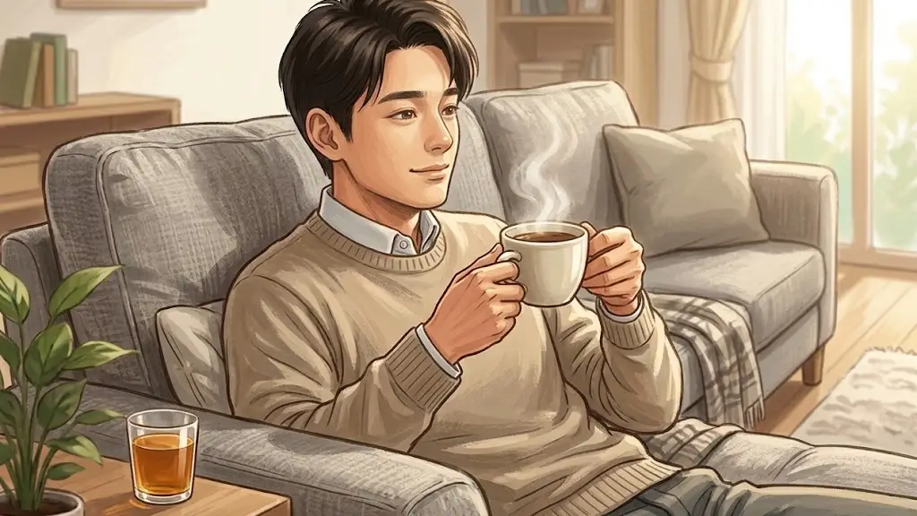 リビングのソファに深く座りコーヒーカップを手に持ちながらリラックスした表情の日本人男性