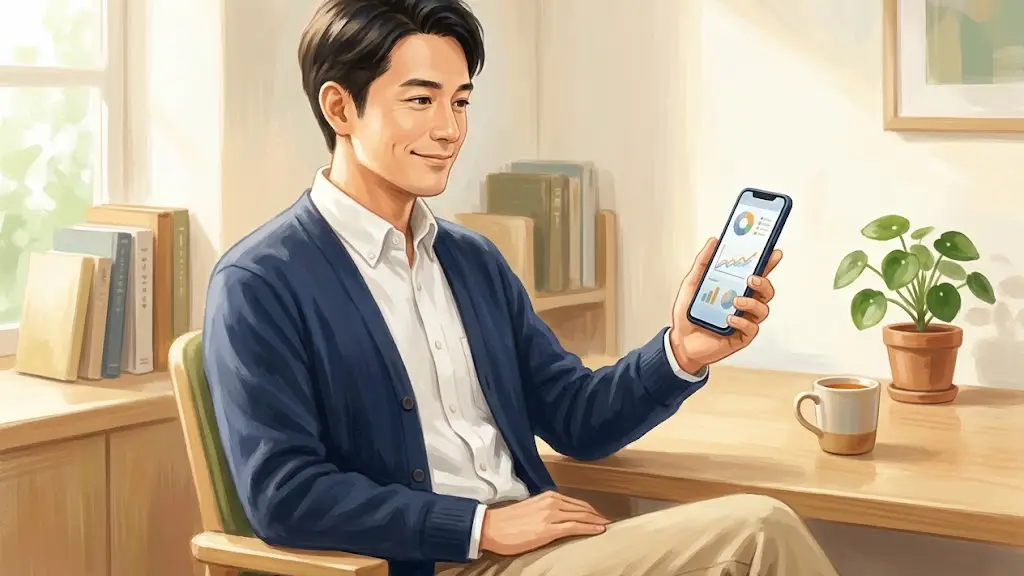 穏やかな表情でスマートフォンの画面を見る日本人男性