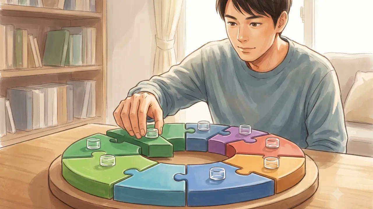 円形の枠組みの中に具体的な銘柄パーツをはめ込んでいく日本人男性
