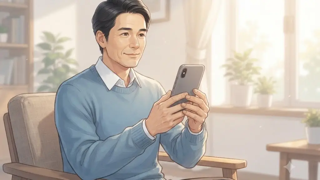 リビングでスマートフォンを見ながら微笑む男性