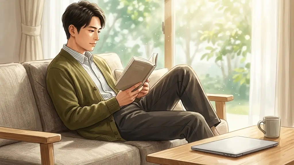 窓辺のソファに座り読書をして休日をくつろぐ日本人男性
