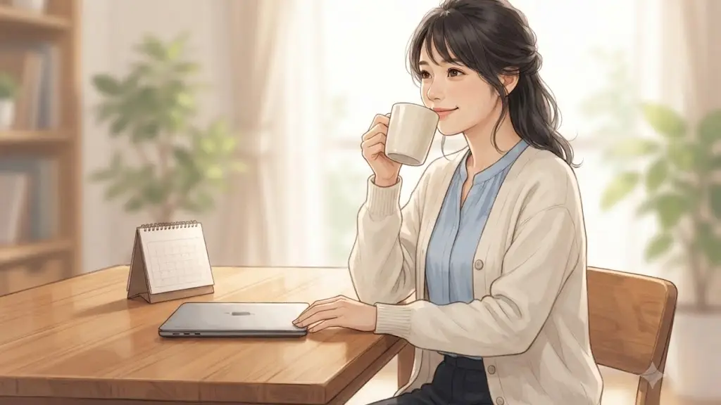 カレンダーと閉じたノートパソコンが置かれた木目のデスクでリラックスしてコーヒーを飲む日本人女性