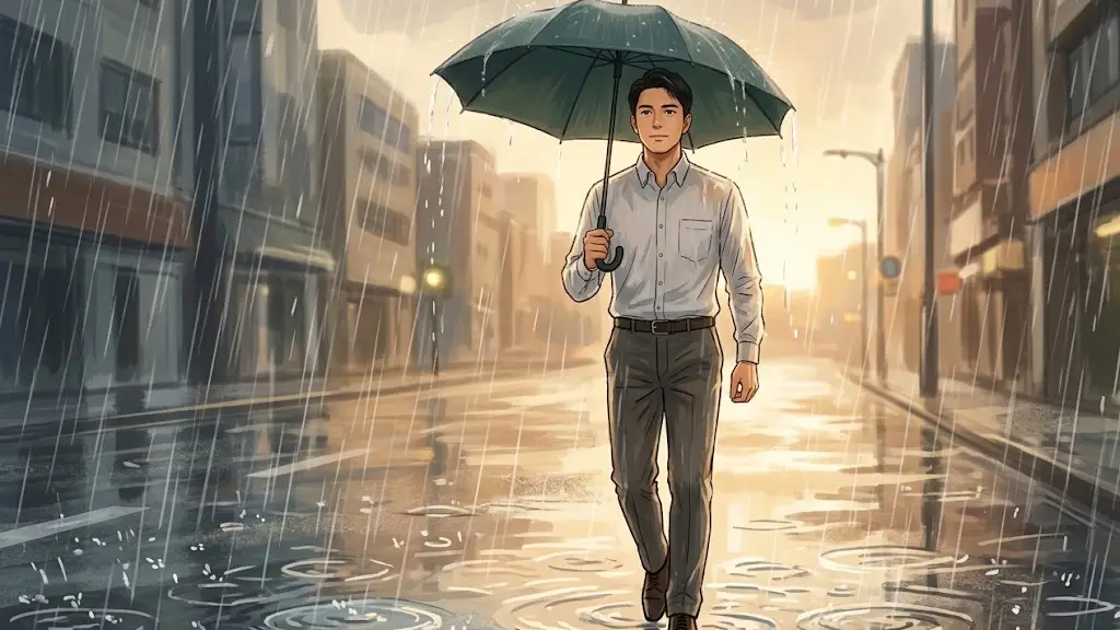大雨の中で傘をさして歩く男性