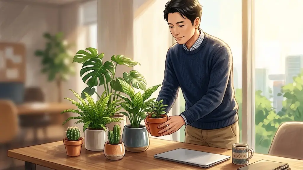 机の上に置かれた複数の大きさの違う観葉植物を穏やかな表情で並べ替えているオフィスカジュアル姿の日本人男性