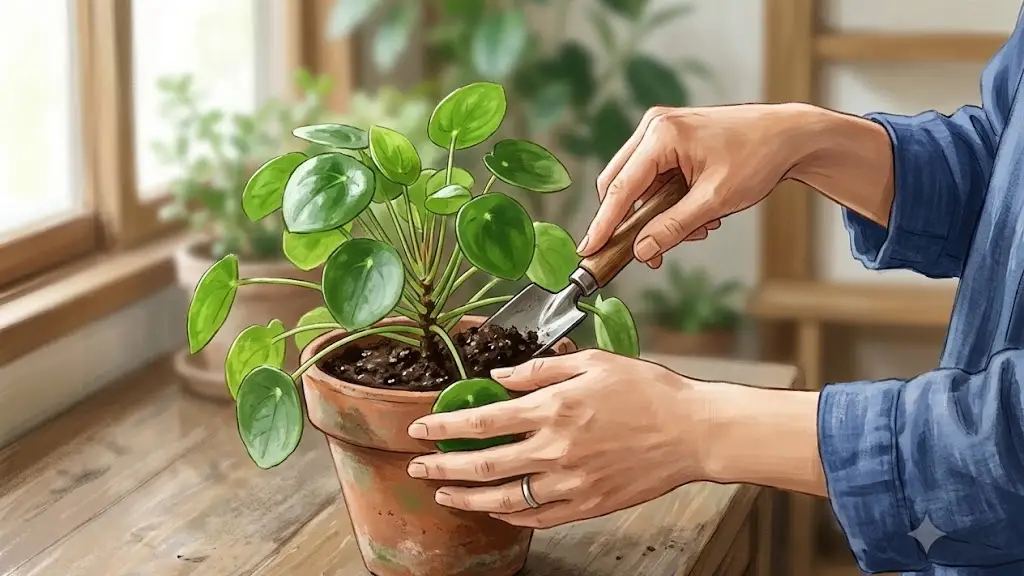 大きな観葉植物の鉢植えを丁寧に手入れしている日本人の手元