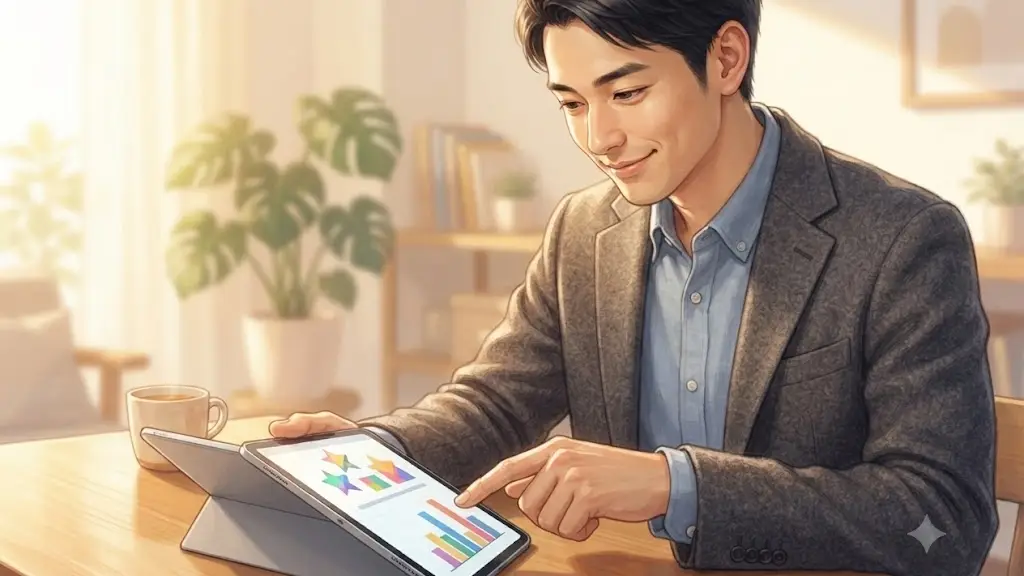 タブレット端末を指差してうなずくオフィスカジュアルの日本人男性