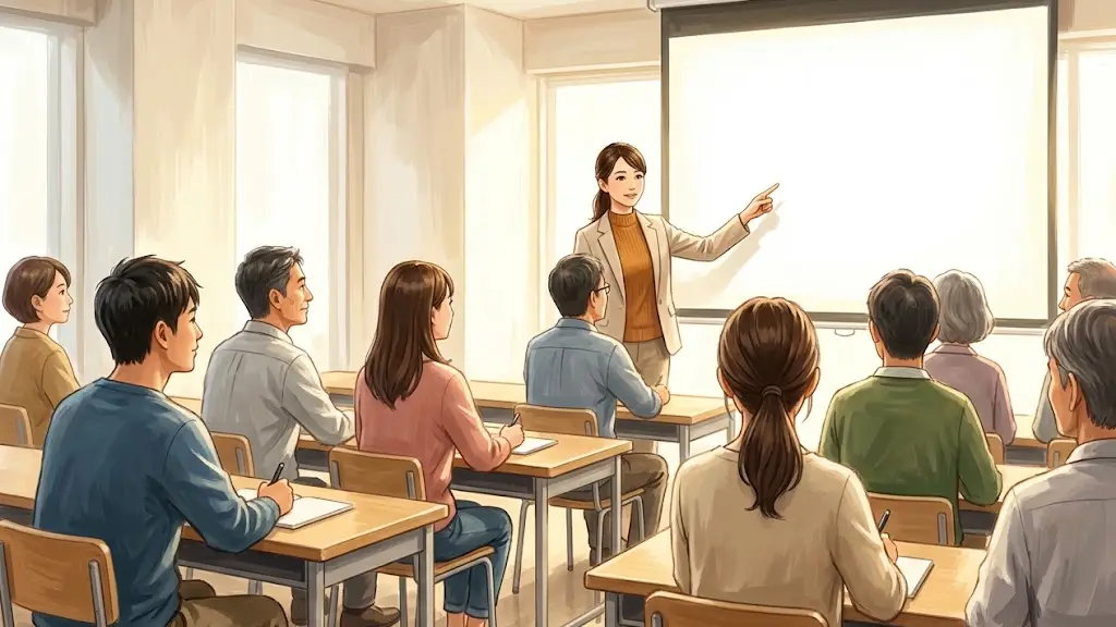 前方でプロジェクターのスライドを指す担当者とそれを席に座って眺める男女