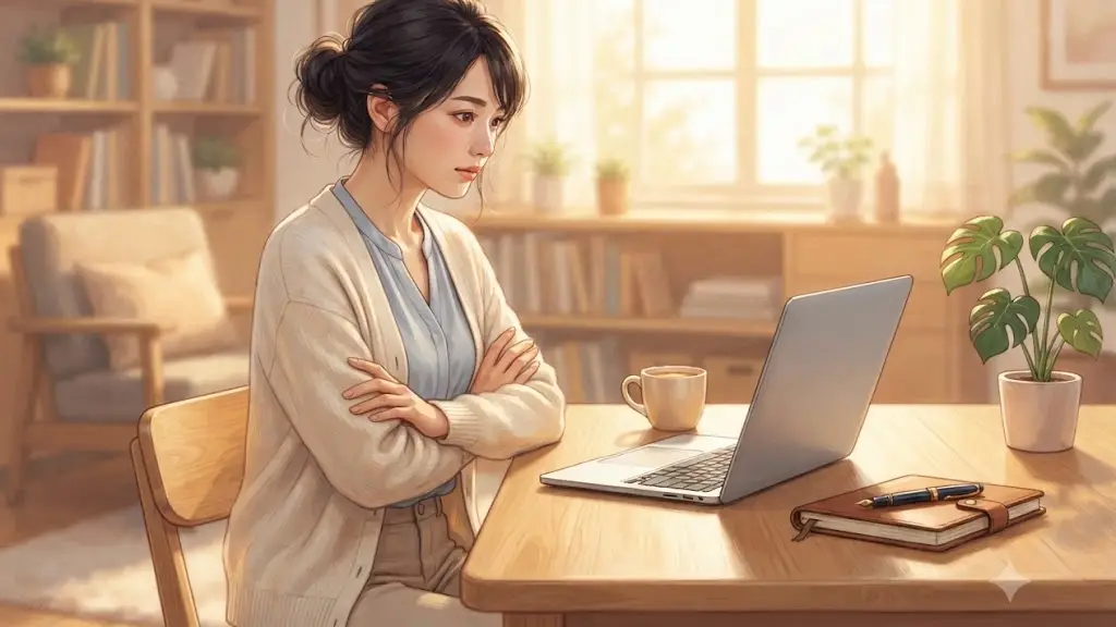 ノートパソコンの前で腕組みをして考え込むオフィスカジュアルの日本人女性