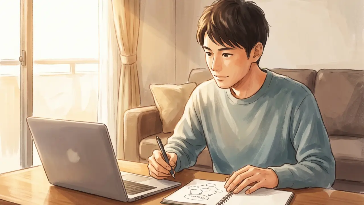 リビングルームの木製テーブルでノートとPCを前にポートフォリオの構成を真剣に検討する日本人男性