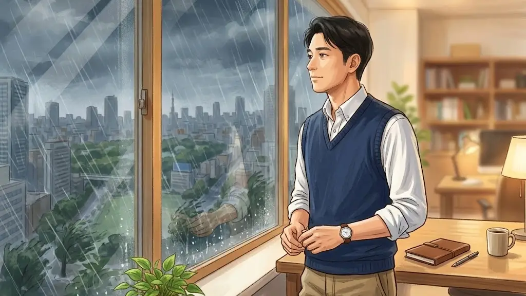 窓の外の悪天候を静かな表情で見つめている日本人男性