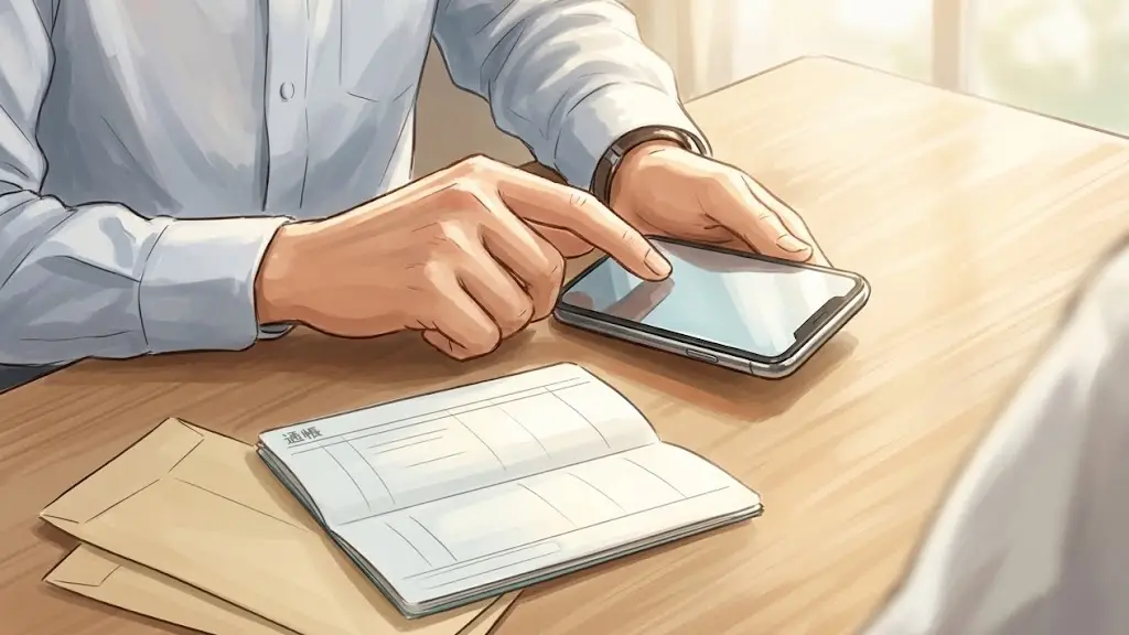 机に置かれた通帳とスマートフォンを操作する手元