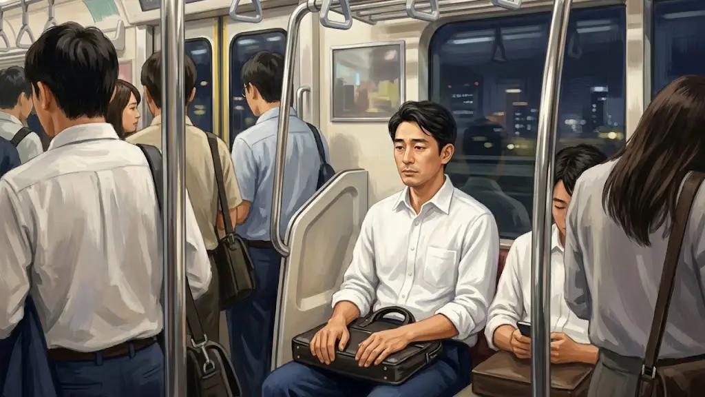 混雑した電車内で疲れた表情で座る男性