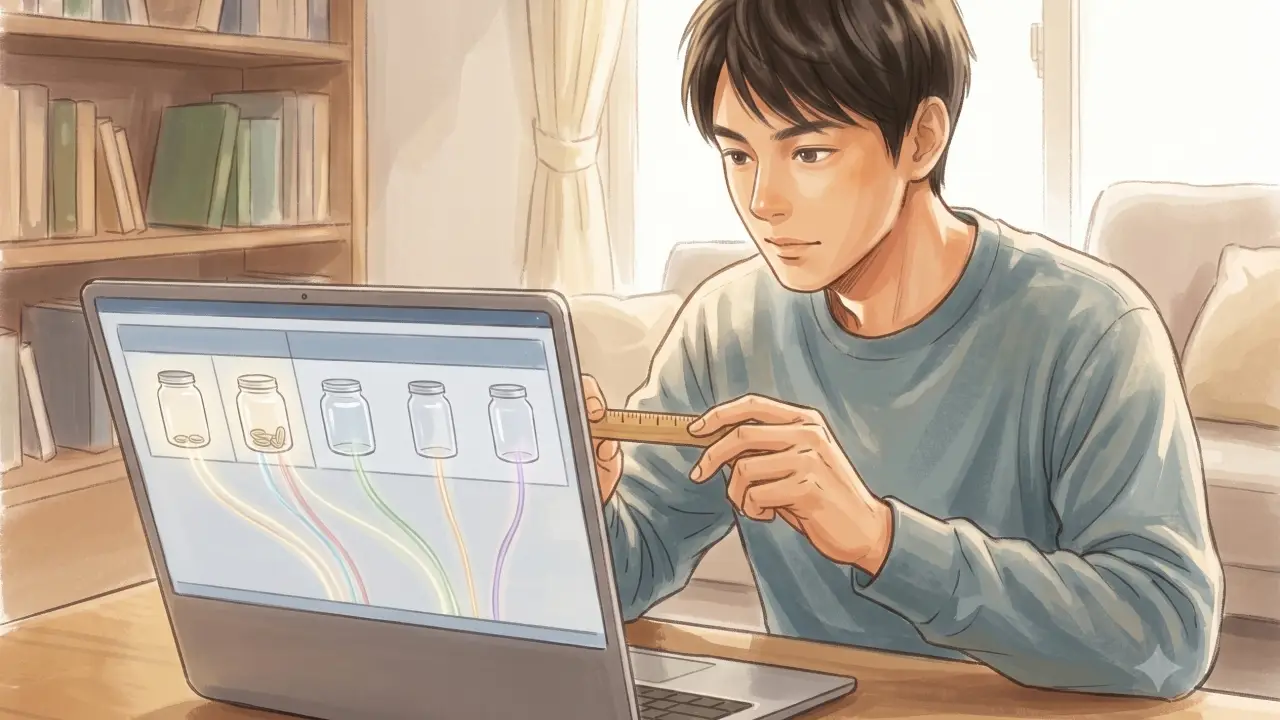 ノートPCの画面に表示された表を定規で測りながら比較検討する日本人男性