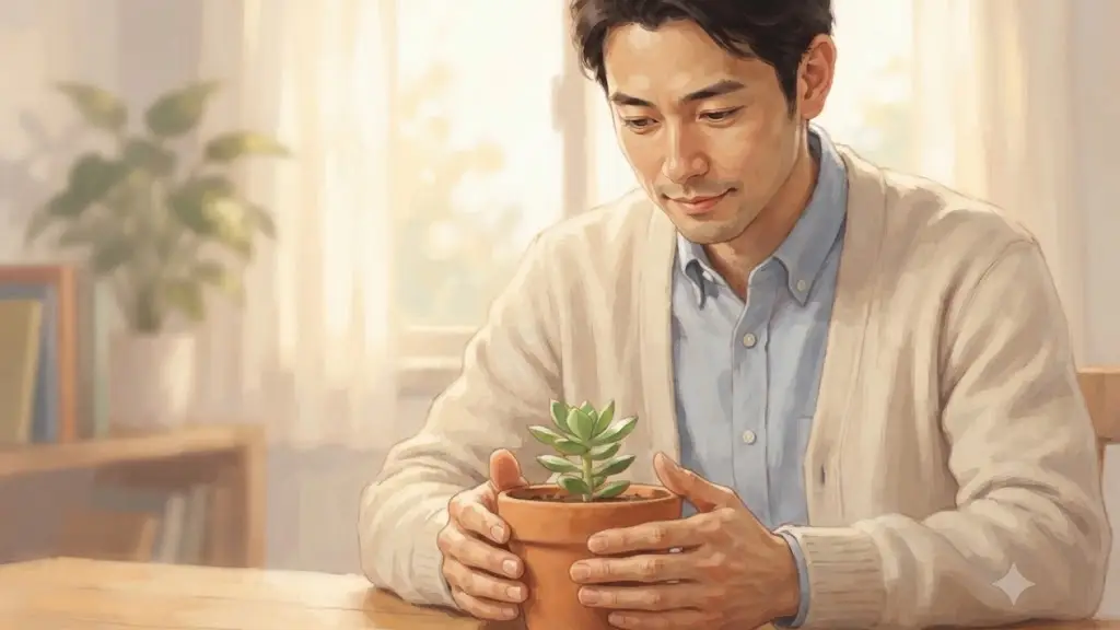 大切な植物の鉢植えを両手でしっかりと包み込むように守る日本人男性
