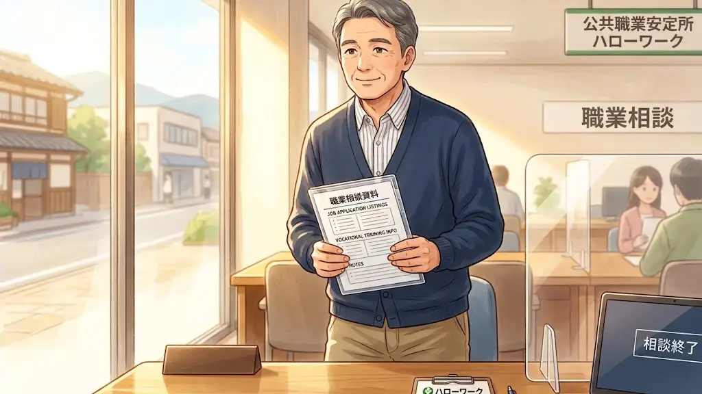 書類をファイルに挟んで立ち上がる男性