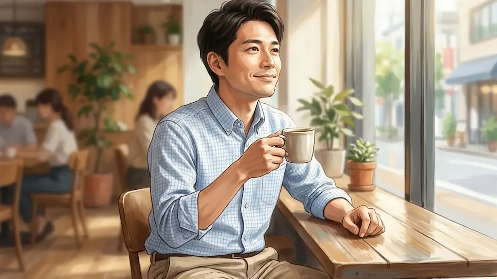 コーヒーカップを手にリラックスした表情を浮かべるオフィスカジュアル姿の日本人男性