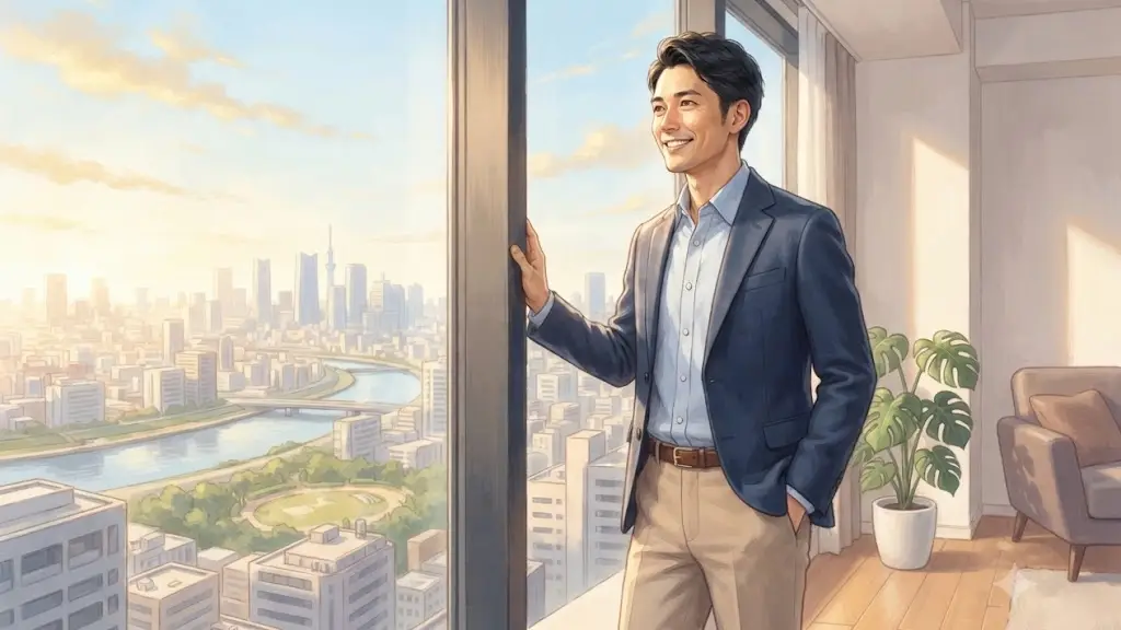 窓の外の明るい景色を見つめて微笑むオフィスカジュアルの日本人男性