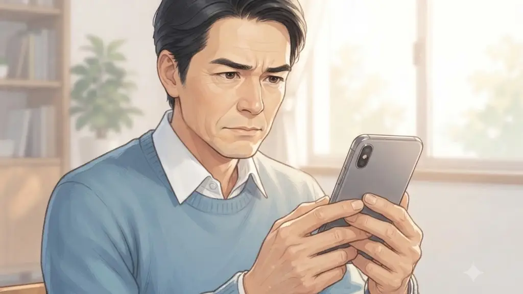 スマートフォンの画面を真剣に見ている男性
