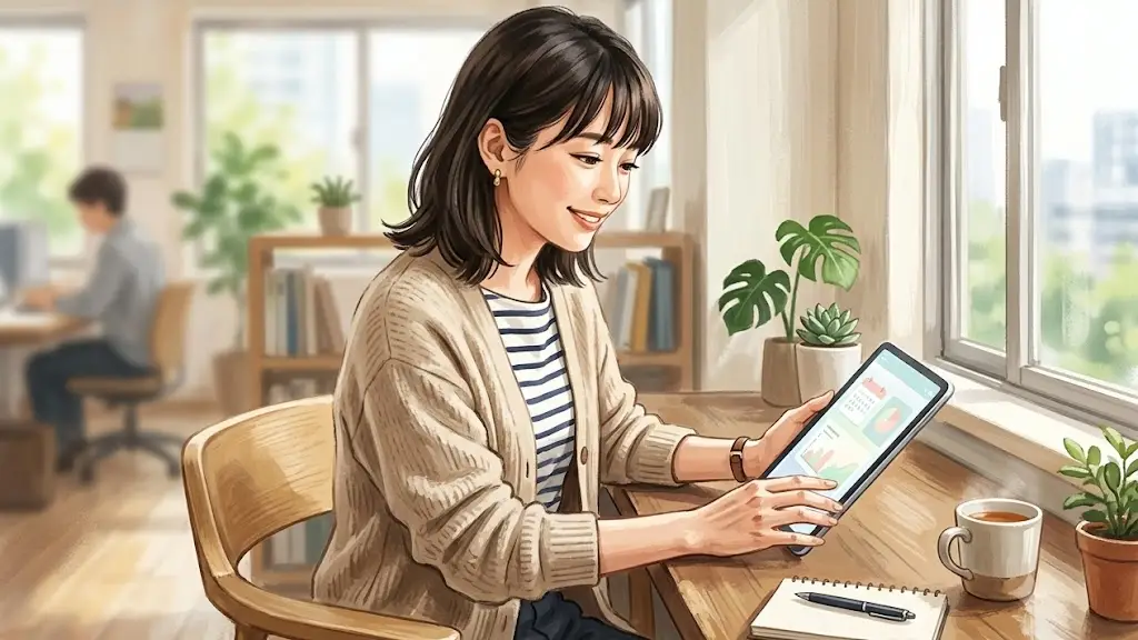 清潔感のあるオフィスカジュアルを着た日本人がタブレットを見ながら落ち着いた表情で考えている様子