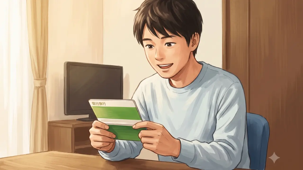 デスクで通帳を手に持ち、ほっとした表情を浮かべる日本人男性
