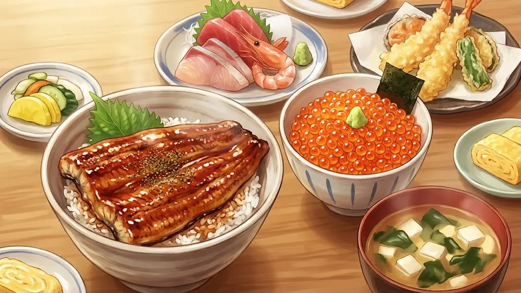 テーブルに並べられたうなぎやイクラなどの美味しそうな料理