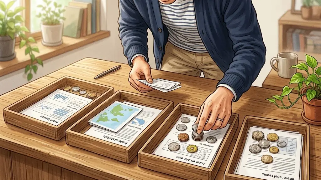複数の木製トレーに書類や硬貨を丁寧に分けている手元