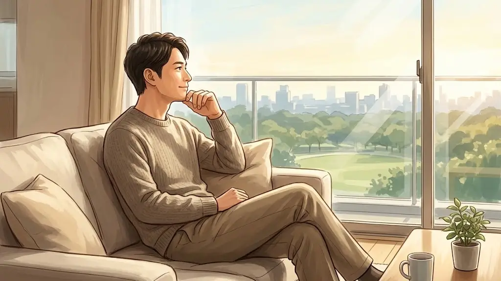 窓辺のソファに座り外の景色を眺める男性