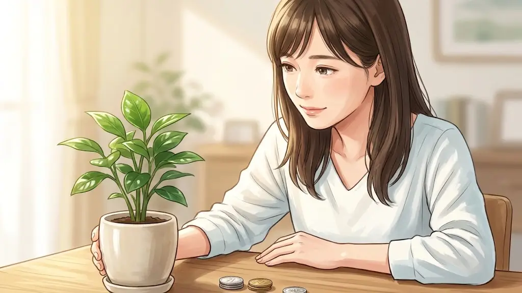 机の上で少しずつ増えていく硬貨と小さな観葉植物を眺める日本人女性