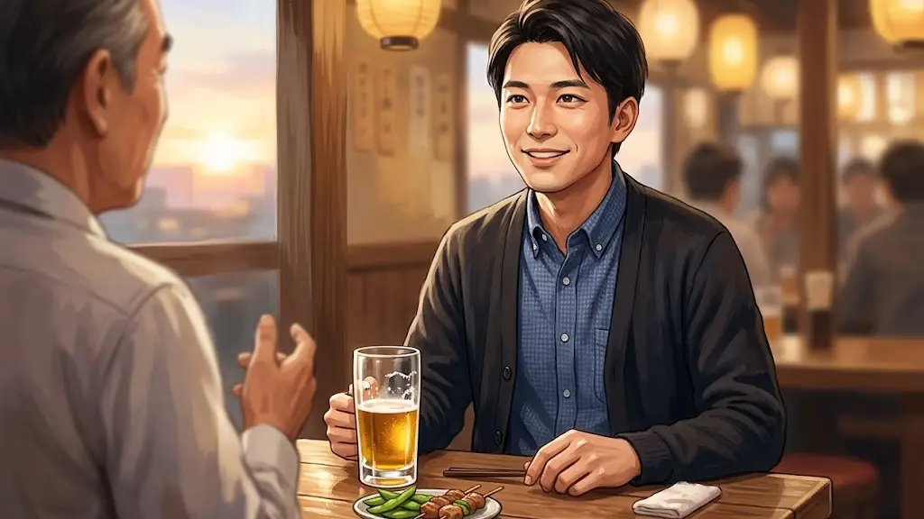 居酒屋で愛想笑いを浮かべながら相手の話を聞く男性
