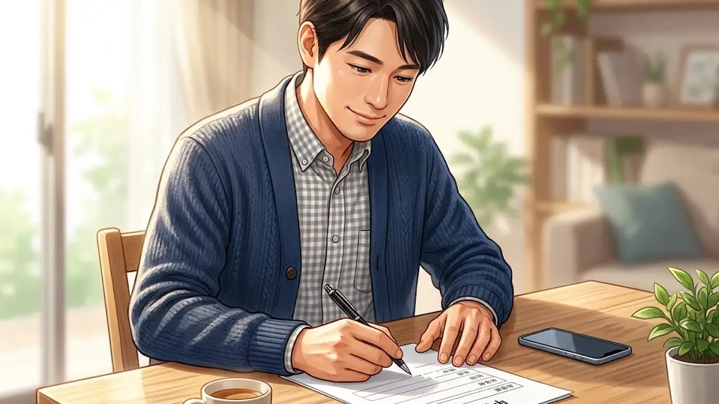 デスクに向かい1枚の書類にペンで記入している日本人男性