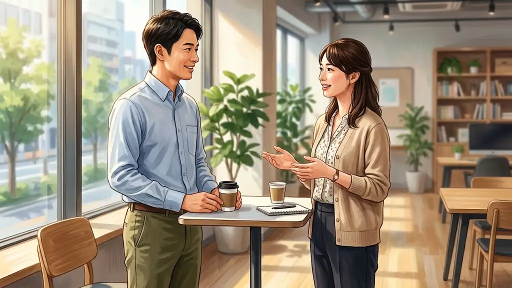 向かい合って穏やかに話すオフィスカジュアル姿の2人の日本人