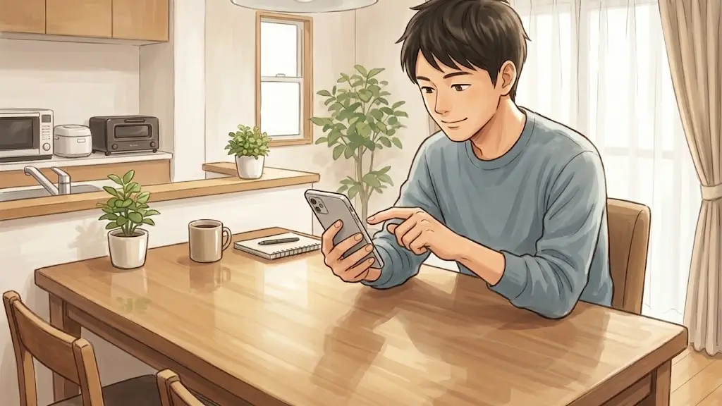 明るい部屋のデスクでスマートフォンを手に持ち画面を確認する日本人男性