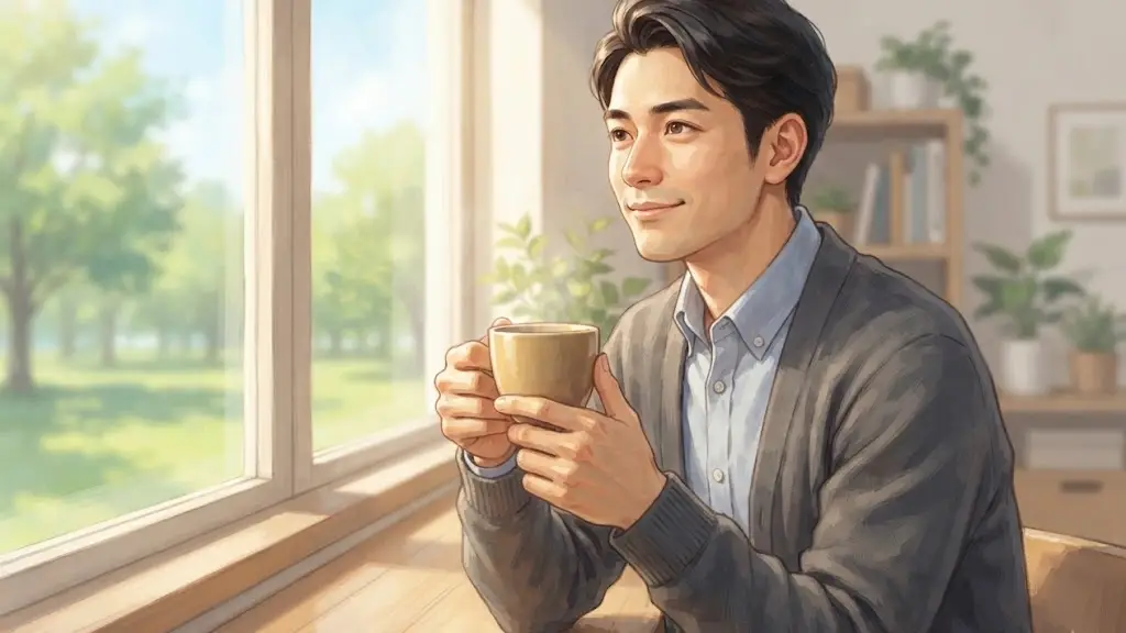 晴れた窓の外を背景にコーヒーカップを持ちながら穏やかに微笑む日本人男性