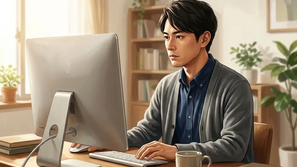 真剣な表情でパソコンのモニターを見つめる日本人男性
