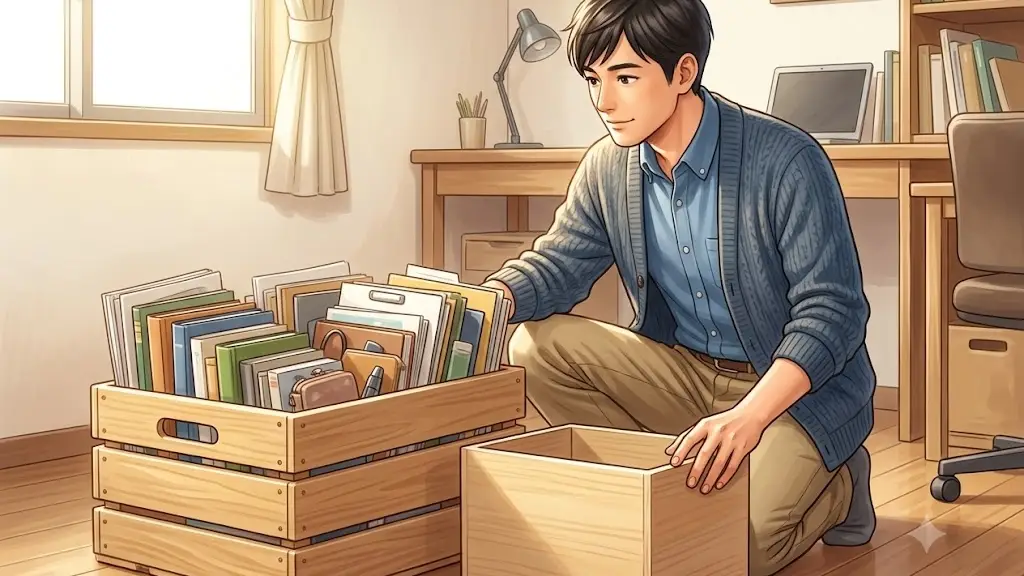 満杯になった大きな箱の隣に別の小さな箱を用意する日本人男性