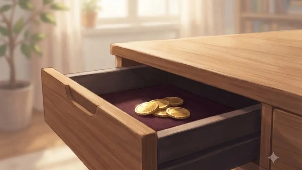 少しだけ開かれた引き出しの中に置かれた金色のコイン
