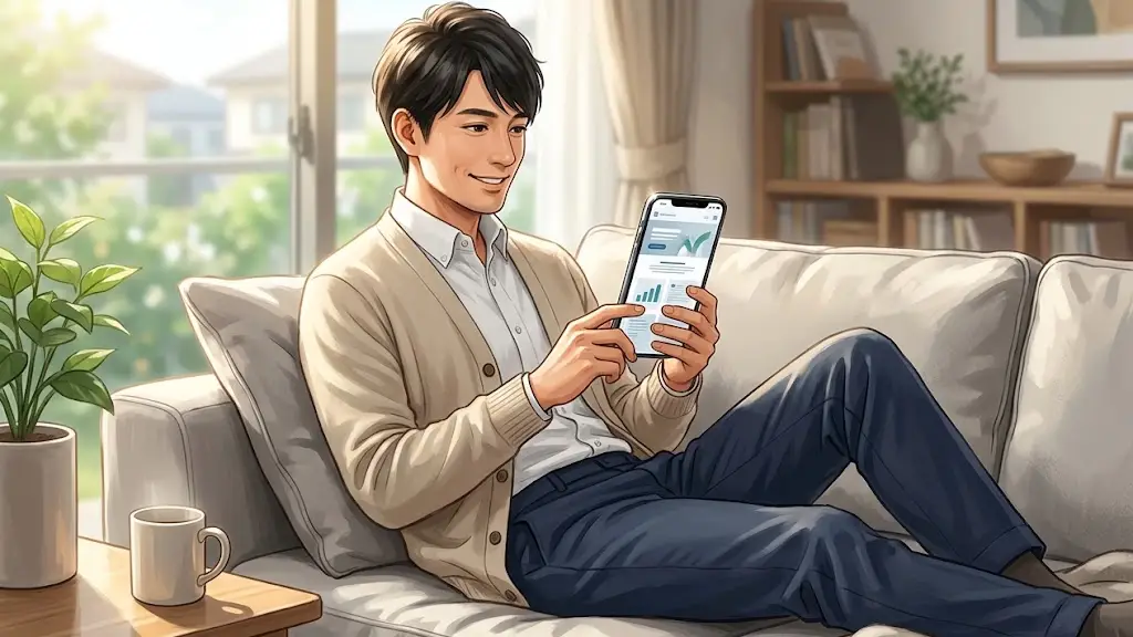リラックスした様子でスマートフォンを操作する日本人男性