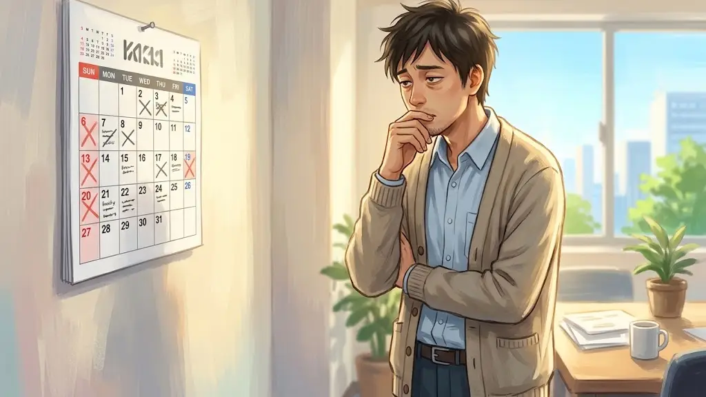 壁掛けカレンダーを見つめて疲れた表情をする男性