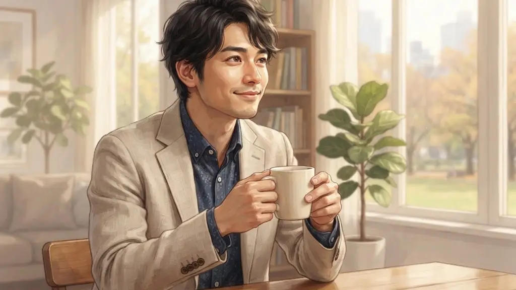 コーヒーカップを持ちながら微笑む男性