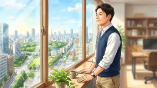 窓辺に立ち明るい外の景色を眺めているオフィスカジュアル姿の日本人男性