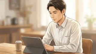 木目のテーブルでタブレットを見つめる男性