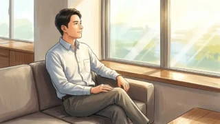 窓辺のソファに座り外を眺める男性