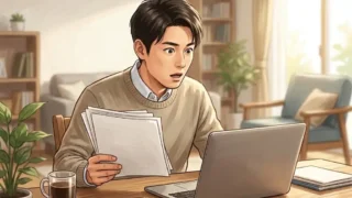 デスクで書類とパソコンの画面を見比べながら想定外の事態に驚く日本人男性
