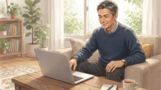 明るいリビングでくつろぎながらノートパソコンを見る40代の日本人男性
