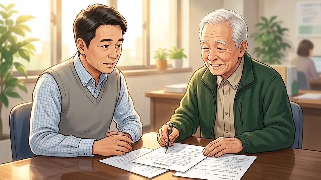 窓口で年配の相談員と向き合う男性