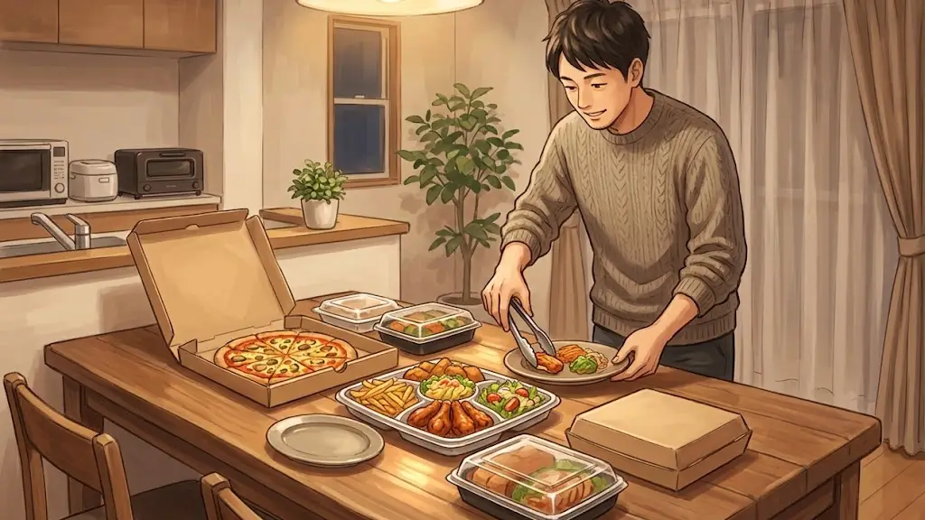 自宅のダイニングテーブルで届いた料理のパックを広げて食事の準備をする日本人男性