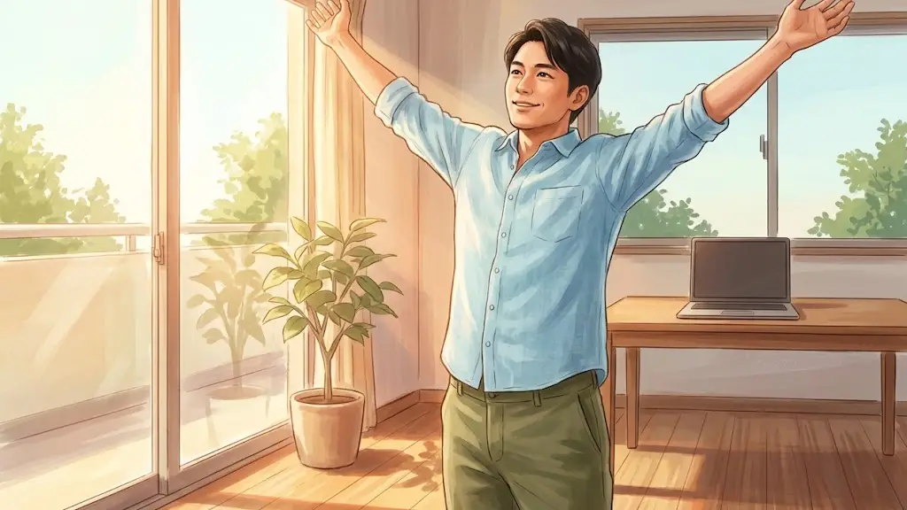 パソコンから離れて窓辺で大きく伸びをする日本人男性